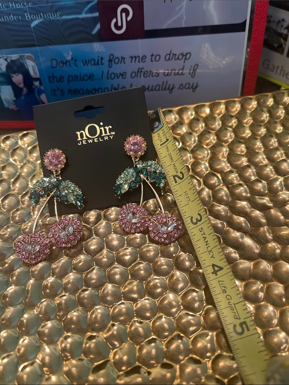 #2511**nOir Jewelry Pink and Green Crystal Floral Dangle Earrings - Picture 5 of 17